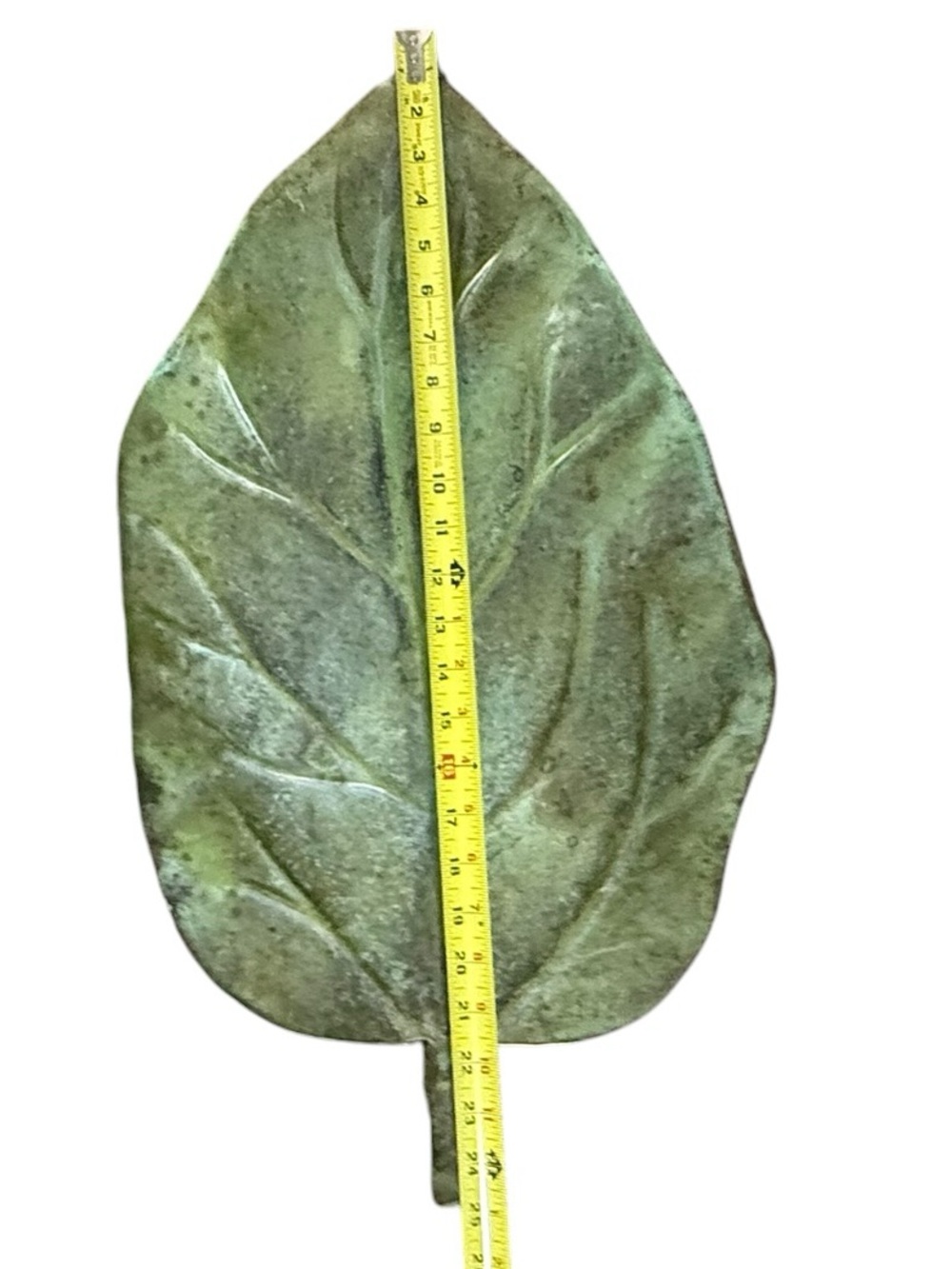 Vintage Distressed Green Metal Leaf Tray Large 25" Centerpiece MCM rustic chic - Picture 5 of 7